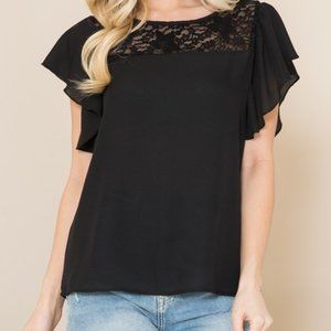 Woven Ruffle Sleeve with Lace Contrast NWT